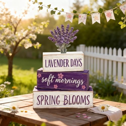 Spring Decoration Wooden Tiered Tray Decor – Rustic Lavender Days Stacked Block Sign with Lavender Flower Topper – Farmhouse Tabletop Spring Decor for Living Room Shelf Kitchen Coffee Bar Seasonal Home Display - Image 4