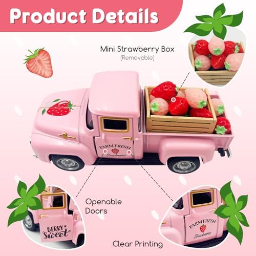 Strawberry Decor Vintage Truck with Mini Fake Strawberries and Wooden Crate - Image 3