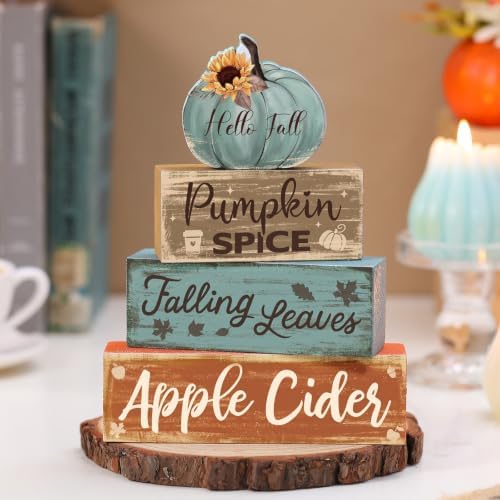 4 Pcs Fall Teal Decor for Home Fall Pumpkin Wooden Sign with Sunflower - Image 5