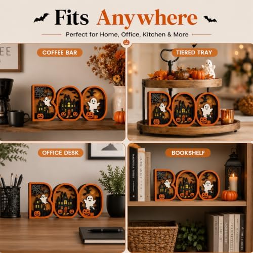 Vintage Halloween Decor 2026, 3D Wooden Cute BOO Sign, Rustic Halloween Tabletop Decor, Spooky Shelf Mantel Decoration for Home (BOO Decor) - Image 6