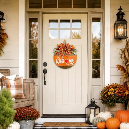 Fall Door Sign for Front Door, Wooden Welcome Hanger with Pumpkin Design, Plaid Bow and Autumn Leaves, Porch Entry Decor, Harvest Wreath Accent, Thanksgiving Decorations for Home and Covered Porch - Image 4