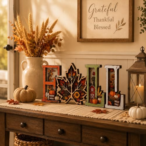 Fall Decorations for Home 2026, 3D Wooden Fall Decor with Harvest Autumn Sign Leaf Pumpkin Scene, Rustic Thanksgiving Tabletop Decor, Vintage Farmhouse Shelf Mantel (Fall Decorations) - Image 7