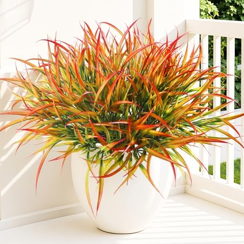 Uieke 28 Bundles Artificial Outdoor Plants UV Resistant Fake Grass Plants Faux Plastic Plants for Home Garden Spring Summer Decor, Green & Red - Image 7