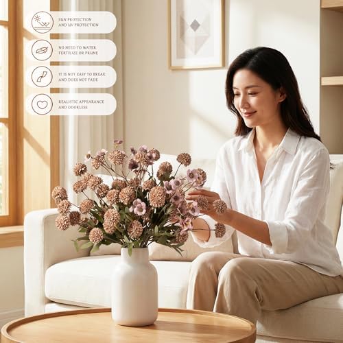 Mixed 10 Pcs Artificial Pompon Mum Set-8 Chrysanthemum & 2 Rose Red Daisy, Brown Silk Faux Flower for Vase Fall Floral Arrangements Wedding Centerpiece DIY Home Indoor Outdoor Decor (No Vase) - Image 5