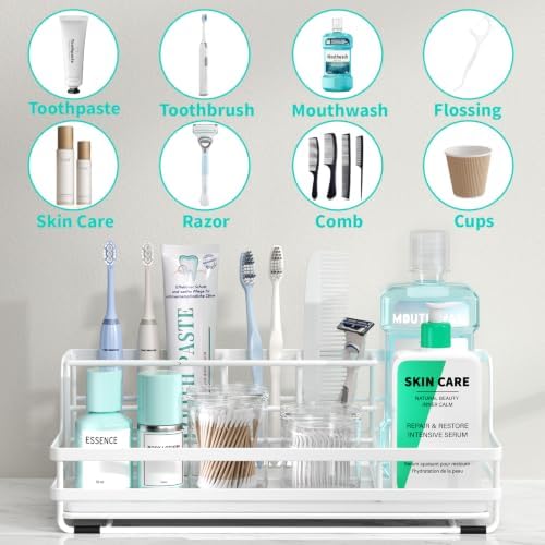 HapiRm Toothbrush Holders for Bathroom - 5 Partitions Bathroom Counter Organizer with Instant Drying Stone, Stainless Steel Countertop Storage Electric Toothbrush Toothpaste Holder - White(Large) - Image 2