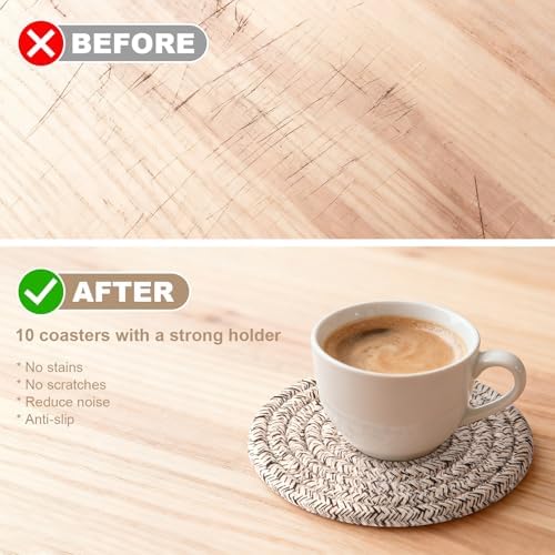 OIAHOMY 10 Pcs Drink Coasters with Holder, Boho Cotton Woven Coaster Set, Absorbent Coaster Protection for Various Cups, Ideal for Coffee Tables Home Decor and Gift, 4.3 Inches, Brown - Image 7