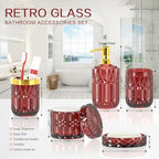Red Bathroom Accessories Set, Glass Soap Dispenser Set with Rust Proof Stainless Steel Pump, Soap Holder, Toothbrush Holder, Tumbler, Cotton Swab Jars, Wine Red Bathroom Set Bathroom Decor Sets Gift - Image 2