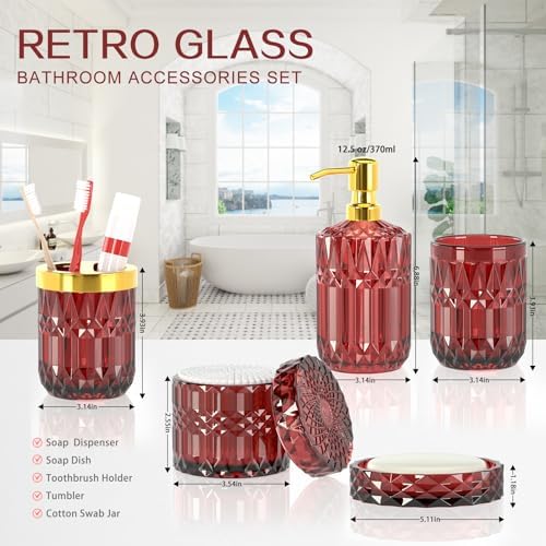 Red Bathroom Accessories Set, Glass Soap Dispenser Set with Rust Proof Stainless Steel Pump, Soap Holder, Toothbrush Holder, Tumbler, Cotton Swab Jars, Wine Red Bathroom Set Bathroom Decor Sets Gift - Image 2