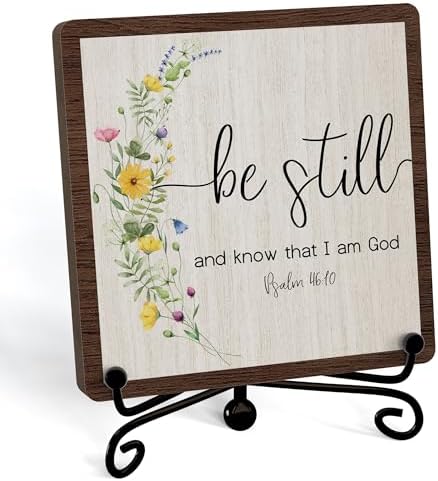 Inspirational Christian Desk Decor, Be Still And Know That I Am God Rutsic Sign, Desk Decorations For Office Home Living Room Bathroom, Eucalyptus Shelf Decor, Wooden Plaque With Stand (04) by JUSITAKEET