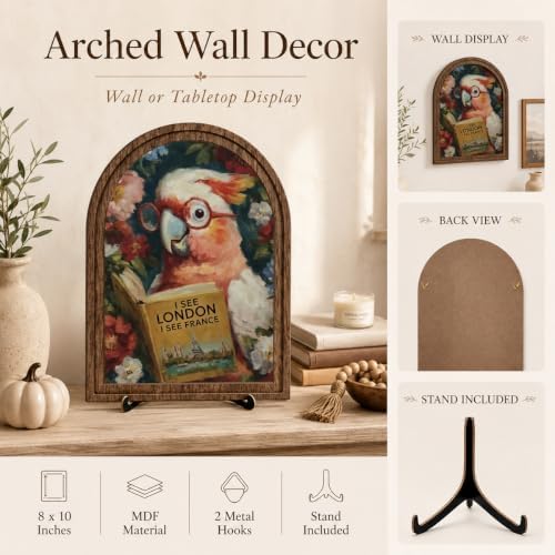 Book Lover Decor Arched Wooden Frame Tabletop Sign, Funny Reading Bird Bookshelf Decor for Desk Shelf and Reading Nook, Vintage Floral Parrot Art Accent - Image 4