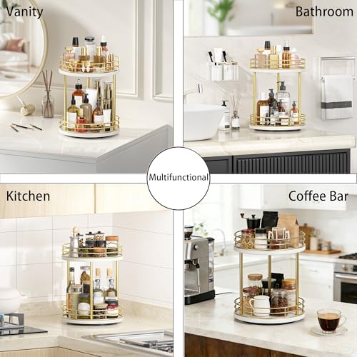 2-Tier Rotating Bathroom Countertop Organizer, Wooden Makeup Vanity Storage, Multifunctional Lazy Susan Turntable for Skincare, Perfume and Cosmetics (White-Gold) - Image 4