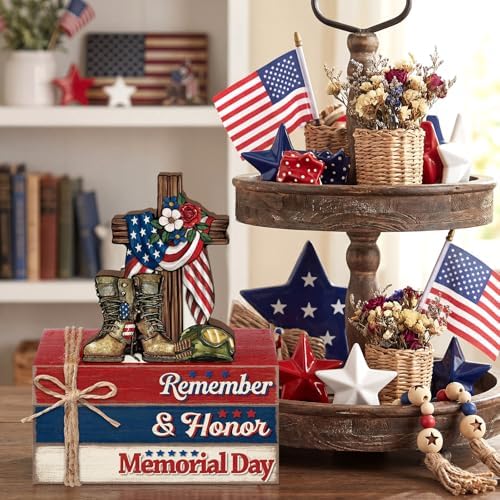 Geelin 4 Pcs Memorial Day Patriotic Table Decoration Wooden Book Stack Sign - Image 6
