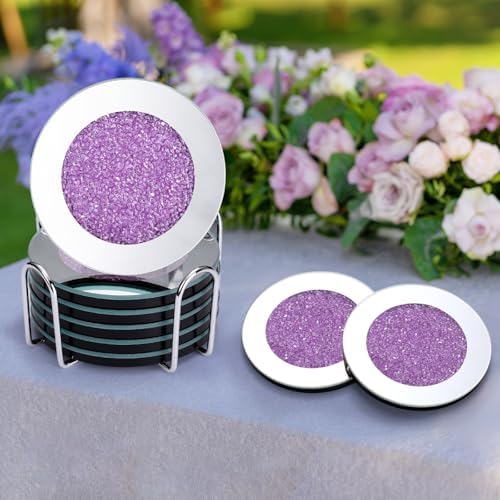 Jetec Mirrored Glass Coaster Set of 6 with 1 Holder 4" Crushed Diamond Round Cup Mat Glitter Crystal Rhinestone Glass Coaster Bling Table Decor for Bar Kitchen Gift for Christmas(Purple,4 Inch) - Image 5