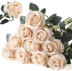 10pcs Champagne Roses Artificial Flowers, Realistic Faux Rose with Stem by Nubry