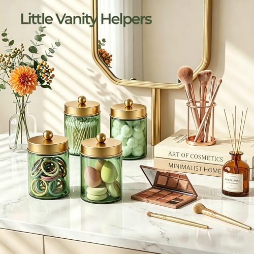 Amolliar Glass Apothecary Jar Qtip Holder w/Metal Lids, Green-Golden, 2pc - Image 5