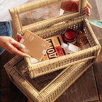 Large Handwoven Boho Rattan Display Boxes with Glass Lids Set of 2 - Image 2