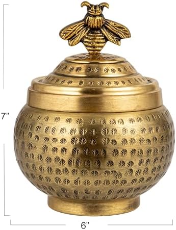 Creative Co-Op Round Hammered Metal Container with Bee Finial, Brass Finish - Image 2