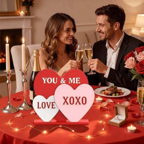 OLANRUN Valentines Day Decorations, 8.7 Inch Valentine Table Decorations Wooden Heart Sign with Letter LOVE XOXO, Valentines Day Decor Indoor for Home Office Kitchen Tiered Tray Table Fireplace Mantel - Image 5