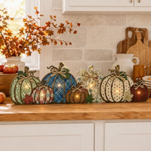RattanView Lighted Fall Pumpkin Table Decorations Wooden Autumn Centerpiece - Image 6