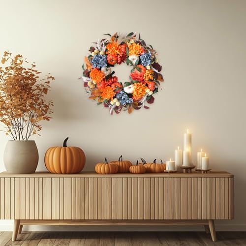 24-inch Fall Wreath Handcrafted Orange Blue Hydrangeas Pumpkins Wheat Front Door Wreath Corridor Courtyard Indoor Outdoor Decoration Thanksgiving Harvest Festival Party Celebration Decor - Image 5