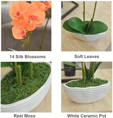 Large Artificial Orchid Arrangement in Oval Ribbed Ceramic Pot, Orange - Image 2