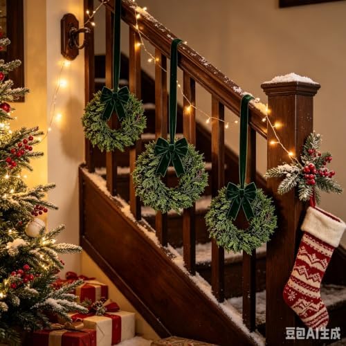 6 Pcs Small Christmas Hanging Wreaths with Artificial Cedar Pine Greenery Dark Green Velvet Ribbon Mini Cabinet Wreath for Porch Front Door Window Wall Farmhouse Rustic Christmas Winter Holiday Decor - Image 4