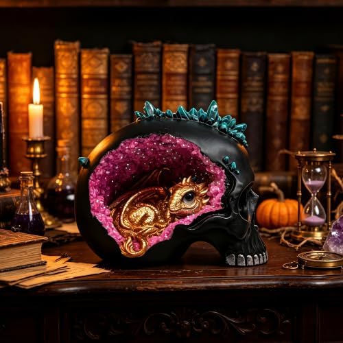 Resin Geode Skull Figurine Statue with Baby Dragon. Gifts for Skull Lovers - Image 4