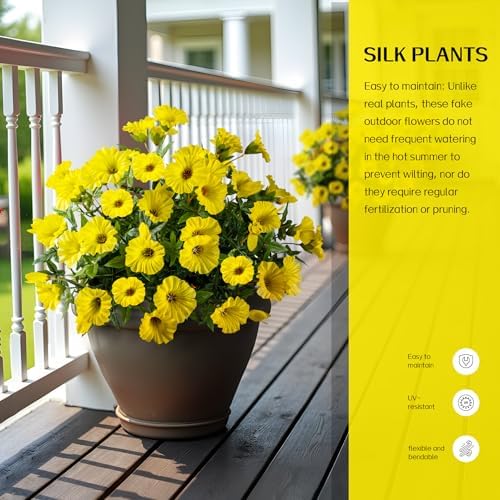 Yellow Artificial Morning Glory Flowers for Outdoor Planters, Premium UV Resistant Silk Faux Flowers for Porch, Hanging Basket & Window Box, Spring Garden Decor, No Pot, 13.3 Inch, 4 Bundles - Image 3