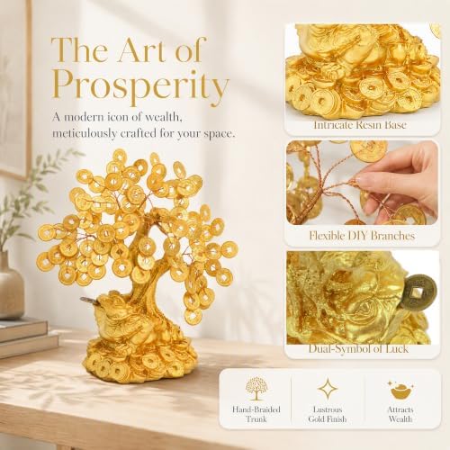 Feng Shui Money Toad Gold Tree (7.8" H x 6.3" W) - Resin Base & Metal Coins - Lucky Wealth Frog Statue for Office Desk, Cash Register, Store Opening & Housewarming Gift - Image 4
