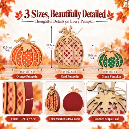 AstraVox 3Pcs Wooden Pumpkin Fall Decor, Rustic Autumn Decorations for Home - Image 3