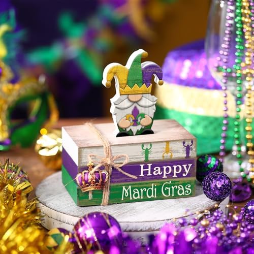 4 Pcs Mardi Gras Decorations Wooden Mardi Gras Table Centerpiece Crawfish Gnome Carnival Tiered Tray Decorations Mini Wooden Faux Books Stack Signs for Masquerade Office Tabletop Bookshelf - Image 6