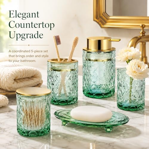 5 Piece Glass Bathroom Accessories Set, Green & Gold Vanity Countertop Set - Image 6