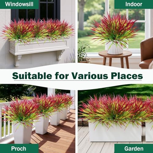 Uieke 28 Bundles Artificial Outdoor Plants UV Resistant Fake Grass Plants Faux Plastic Plants Greenery Shrubs for Home Garden Pathway Window Box Front Porch Summer Fall Decor, Deep Red - Image 6