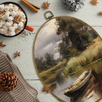 CUANFDDSF Vintage Rustic Lakeside Boat Oval Wall Art Decor, Farmhouse Country Wall Hanging Decor, Retro Countryside Landscape Framed Canvas Prints for Home Bedroom Living Room, 8.6x11.4 Inch - Image 6