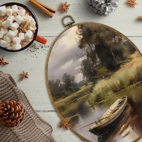 CUANFDDSF Vintage Rustic Lakeside Boat Oval Wall Art Decor, Farmhouse Country Wall Hanging Decor, Retro Countryside Landscape Framed Canvas Prints for Home Bedroom Living Room, 8.6x11.4 Inch - Image 6