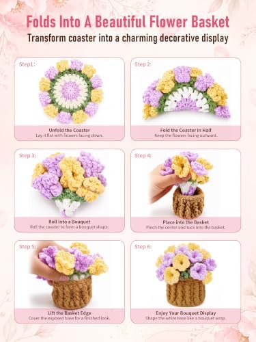 Crochet Flower Bouquet Coasters, Cotton Tulip Gift for Home Decor 4Pcs - Image 3