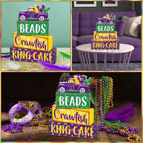 Marsui 4 Pcs Mardi Gras Decorations Mardi Gras Centerpieces Table Decorations Farmhouse Wooden Tabletop Blocks Sign for Home Party Rustic Tiered Tray Shelf Office Carnival Decor - Image 6