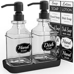 LMQML Soap Dispenser - 2 Pack, Antique Design Thick Glass Hand Soap Dispensers with Sturdy Tray; 304 Rust Proof Stainless Steel Black Pump, 12Pcs Stickers, for Kitchen, Bathroom by LMQML