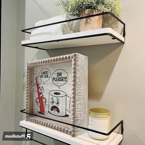Boho Farmhouse Wooden Framed Bathroom Decor Signs, Funny Restroom Decorative Plaque Small Cute, Toilet Rules Shelf Decoration (I Hate My Job) - Image 3