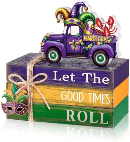 4 Pcs Table Decorations Tiered Tray Decorations Mini Wooden Books Signs for Office Shelf Classroom Tabletop Bookshelf(Mardi Gras) by Anglechic