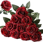 Nubry 10pcs Burgundy Roses Artificial Flowers, Realistic Faux Red Rose by Nubry