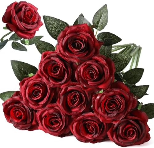 Nubry 10pcs Burgundy Roses Artificial Flowers, Realistic Faux Red Rose by Nubry