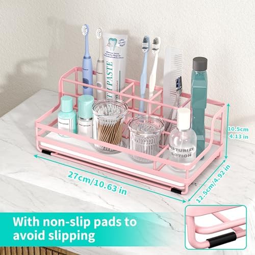 HapiRm Toothbrush Holders for Bathroom - 5 Partitions Bathroom Counter Organizer with Instant Drying Stone, Stainless Steel Countertop Storage Electric Toothbrush Toothpaste Holder - Pink - Image 4