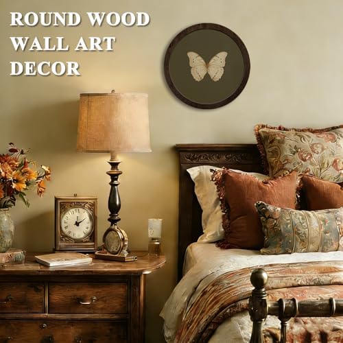 CFFJLHN Green Butterfly Wall Art Decor, Bedroom Round Wooden Wall Art Vintage Butterfly Moth Framed Prints, Retro Cottagrcore Round Wall Hanging Decor for Bedroom Home Decorations, 10x10 Inch - Image 2