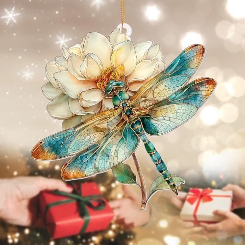 Dragonfly Ornament Stained Glass Style – Acrylic Window Hanging Suncatcher with Flower, Dragonfly Gifts for Women, Christmas Tree Ornament, Whimsical Home & Garden Décor(Sun-21) - Image 5