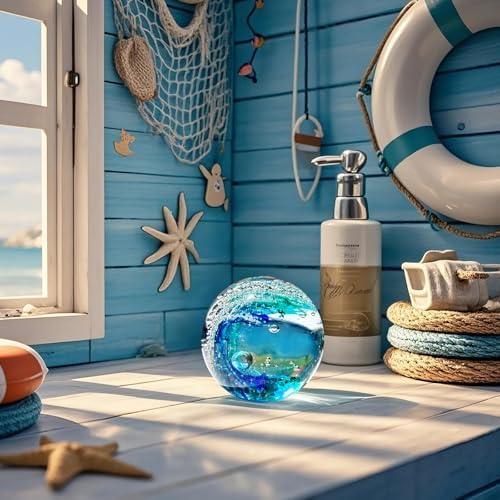Hand Blown Ocean Wave Glass Ball ：Unique Gift for Beach Lovers，Beach Decorations for Home, Sea Glass Paperweight for Coastal Room Decor, Aquarium & Ocean Themed Decorations - Image 3