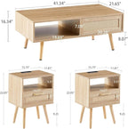 Rattan Center Table and Nightstand Set, 3-Piece Wood Living Room Table Set - Image 3