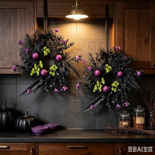 4 Pcs Small Halloween Hanging Wreaths with Black Fern Foliage Purple Glitter Balls Lime Green Berry Clusters Purple Flowers Black Sheer Bow Gothic Mini Cabinet Wreath for Home Kitchen Halloween Party - Image 3