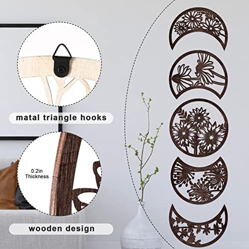 Jetec 5 Pcs Moon Phases Wall Art Decor, Wooden, Brown, 10.6 Inch, Flower - Image 3