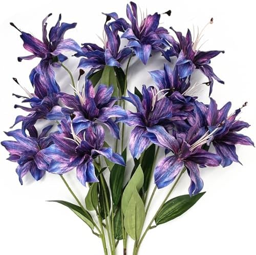 Artificial Lily Flowers, Fake Silk Flower Long Stem Artificial Stargazer Lilies with Full Bloom Faux Tiger Bouquets for Home Decor Wedding Party Hotel Floral Arrangement DIY Decoration – Purple 4 Pack by CATTREE